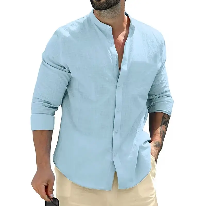 Men's Cotton Long Sleeve Shirts Casual Button Down Banded Collar Shirt Autumn Men Dress Shirt Casual Business Shirts Men