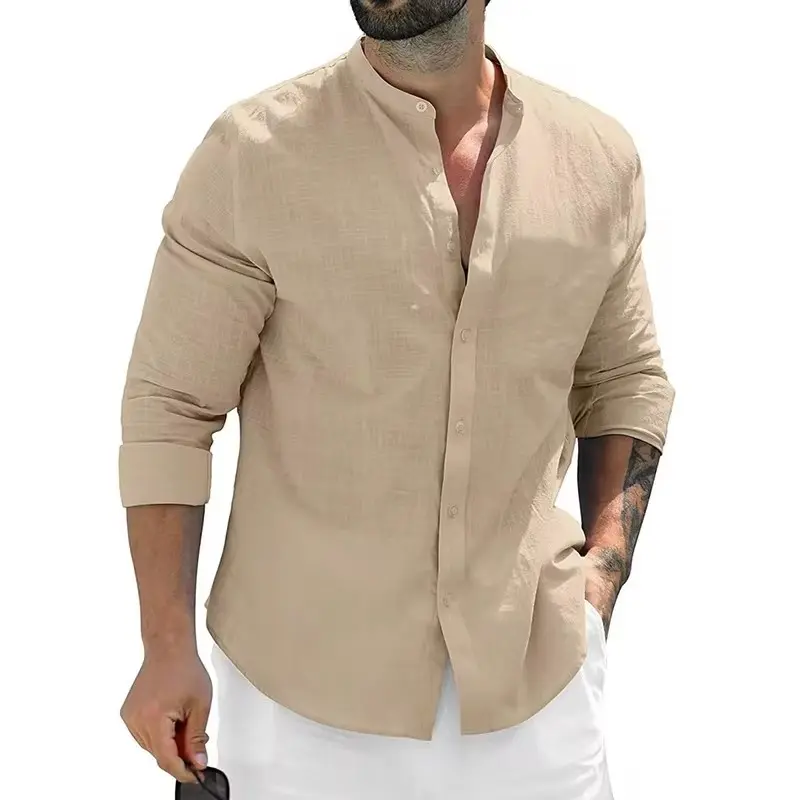 Men's Cotton Long Sleeve Shirts Casual Button Down Banded Collar Shirt Autumn Men Dress Shirt Casual Business Shirts Men