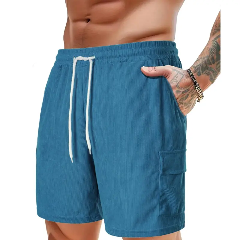 Summer Men's Corduroy Shorts Breathable Beach Shorts with Pockets Drawstring Waist Streetwear Gym Shorts Casual Sweatpants