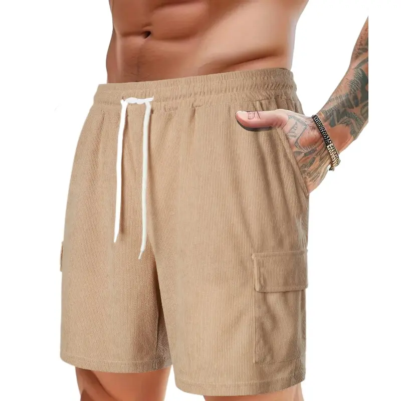 Summer Men's Corduroy Shorts Breathable Beach Shorts with Pockets Drawstring Waist Streetwear Gym Shorts Casual Sweatpants