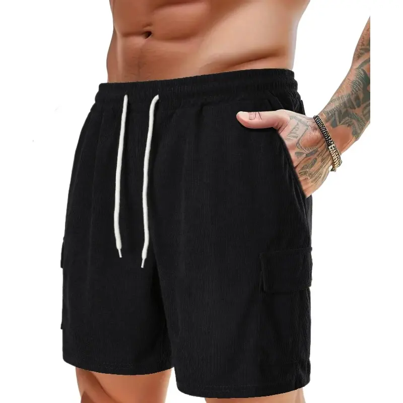 Summer Men's Corduroy Shorts Breathable Beach Shorts with Pockets Drawstring Waist Streetwear Gym Shorts Casual Sweatpants