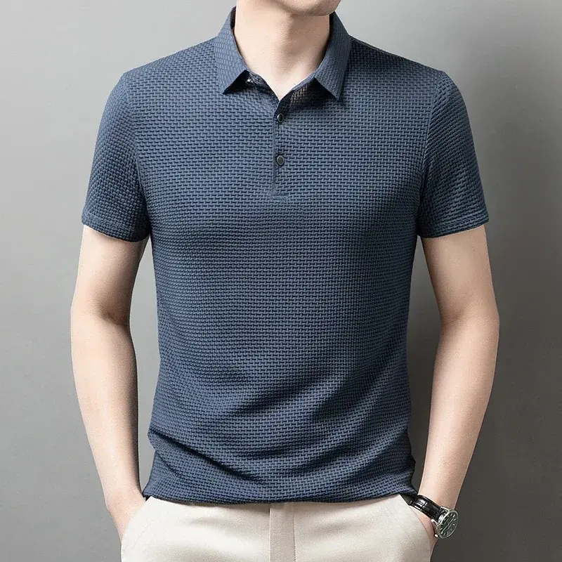 Ice Silk Summer Short Sleeved Tshirts Solid Color Polo Shirt Comfortable Elastic Top Thin Lightweight Lapel Breathable Shirts