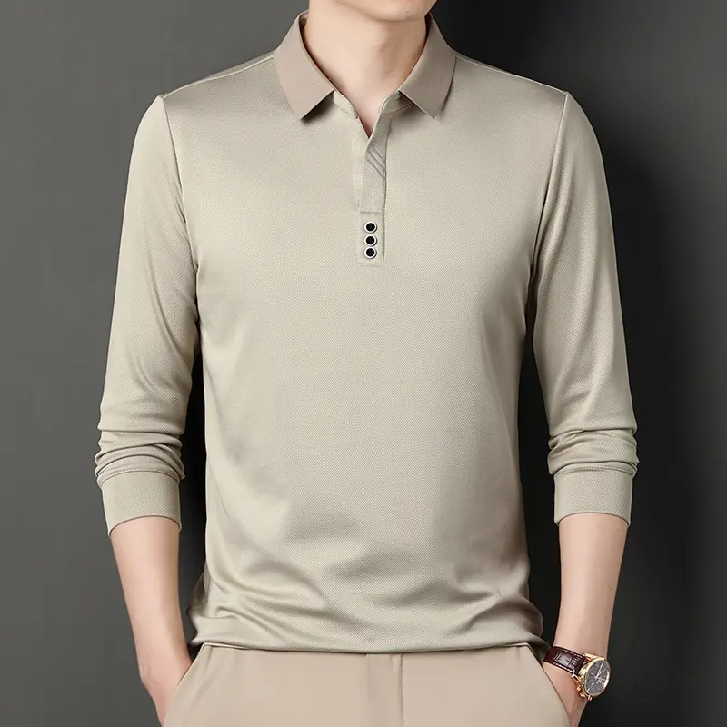 Sweatwear Men's Long Sleeve Turn-down Collar V-neck T-shirt Business Casual Basic Polo Shirt