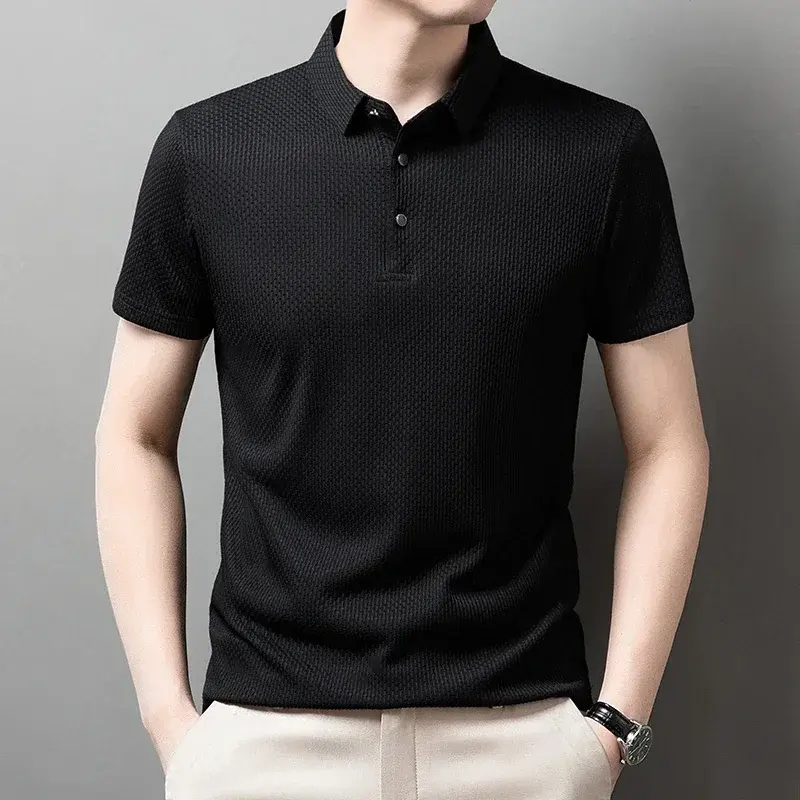Ice Silk Summer Short Sleeved Tshirts Solid Color Polo Shirt Comfortable Elastic Top Thin Lightweight Lapel Breathable Shirts
