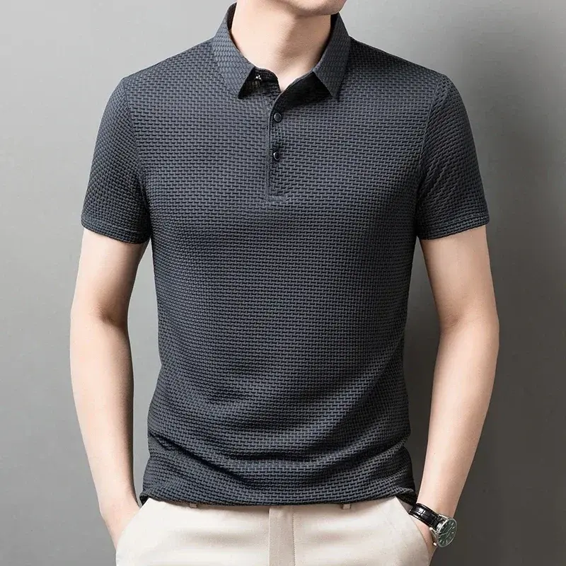 Ice Silk Summer Short Sleeved Tshirts Solid Color Polo Shirt Comfortable Elastic Top Thin Lightweight Lapel Breathable Shirts