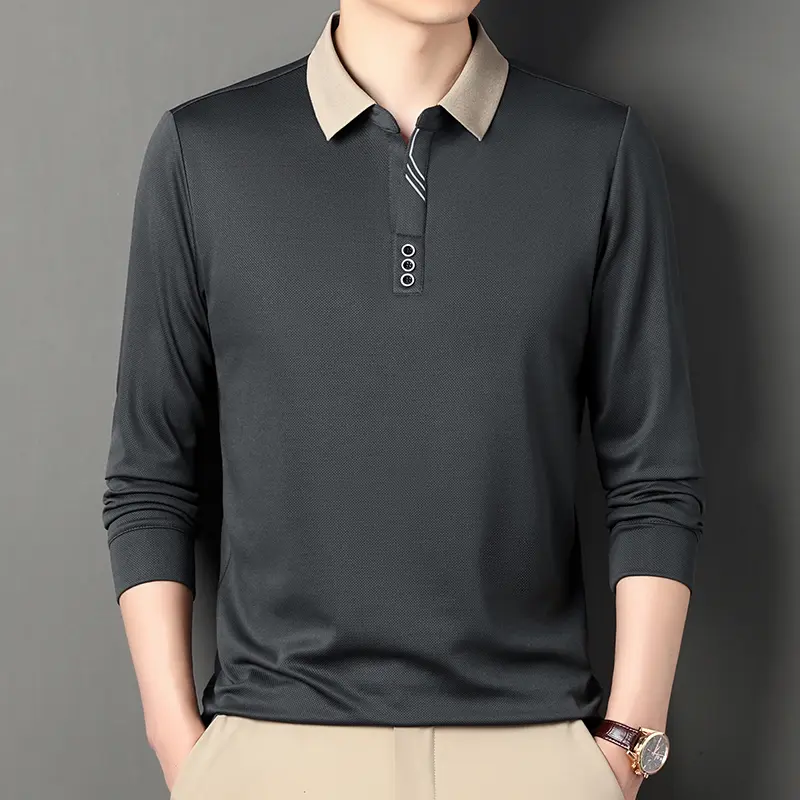 Sweatwear Men's Long Sleeve Turn-down Collar V-neck T-shirt Business Casual Basic Polo Shirt