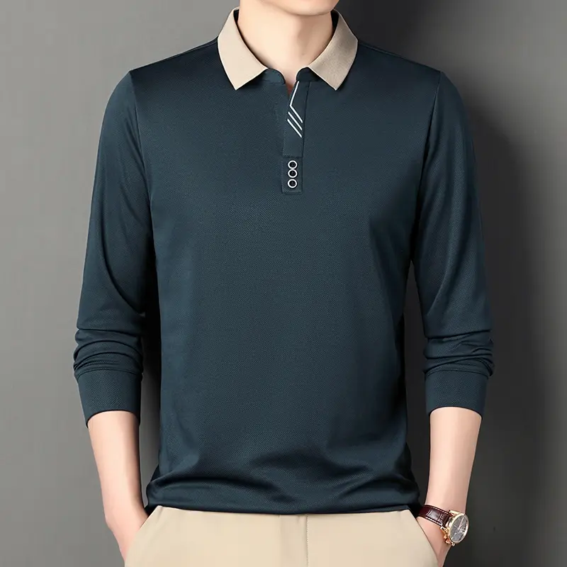 Sweatwear Men's Long Sleeve Turn-down Collar V-neck T-shirt Business Casual Basic Polo Shirt