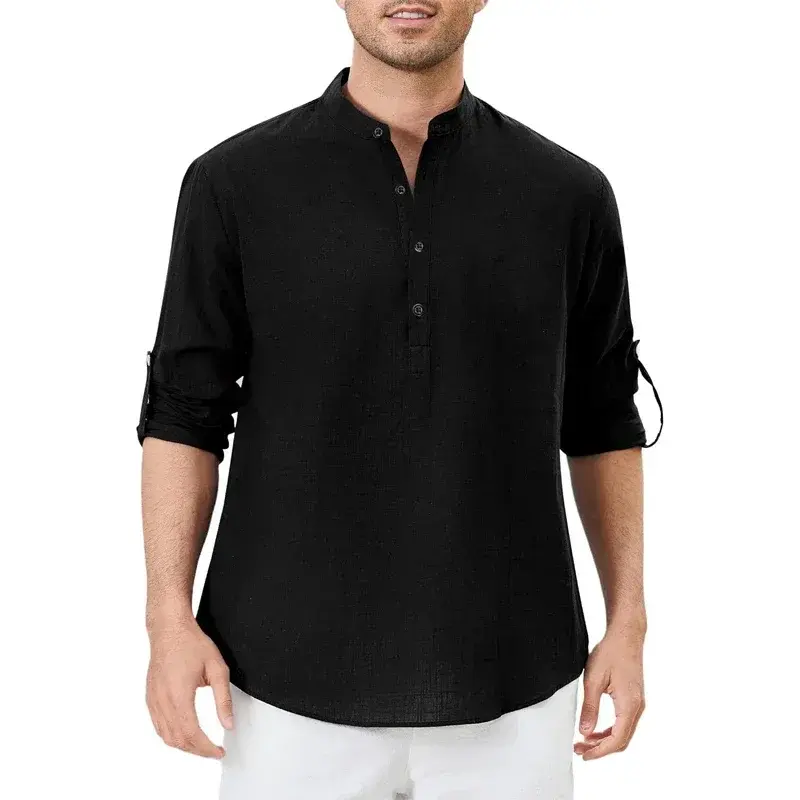 New Mens Cotton Henley Shirts Casual Long Sleeve Summer Beach Shirt Hawaii Button Down T-Shirt for Men Breathable Streetwear