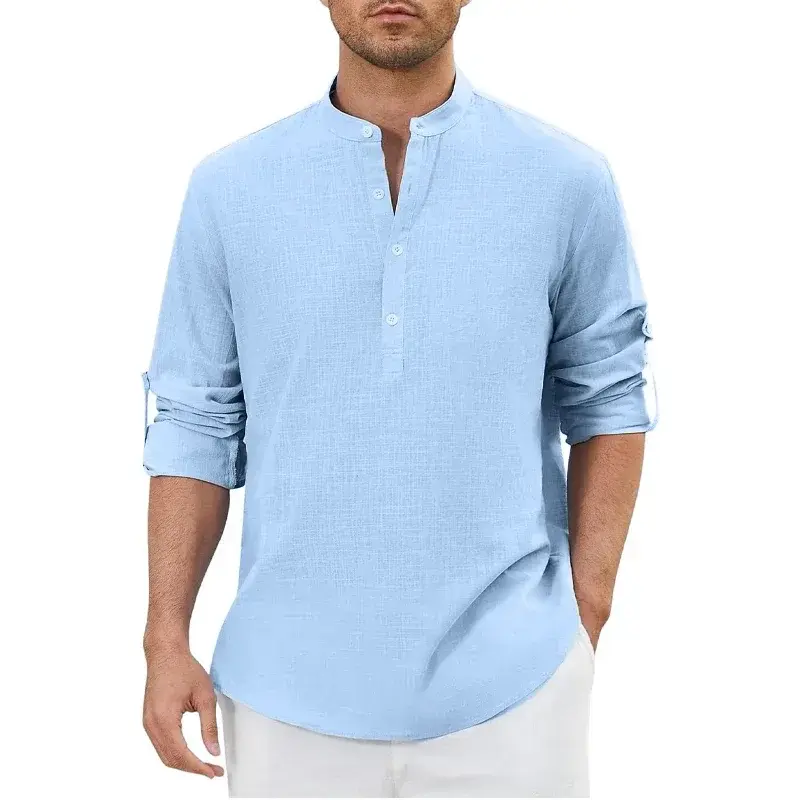 New Mens Cotton Henley Shirts Casual Long Sleeve Summer Beach Shirt Hawaii Button Down T-Shirt for Men Breathable Streetwear