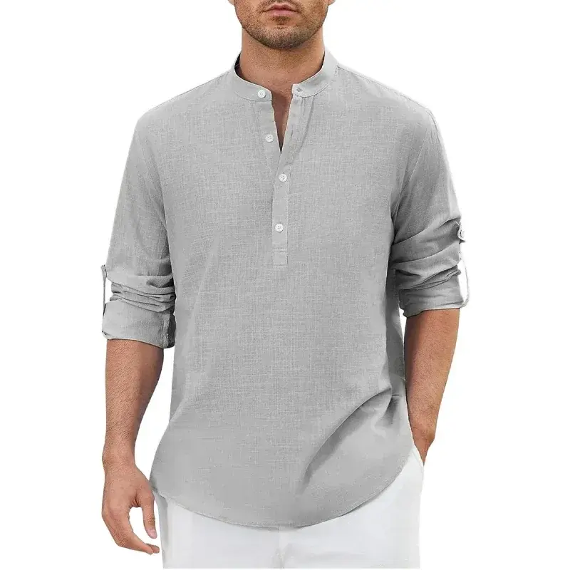 New Mens Cotton Henley Shirts Casual Long Sleeve Summer Beach Shirt Hawaii Button Down T-Shirt for Men Breathable Streetwear