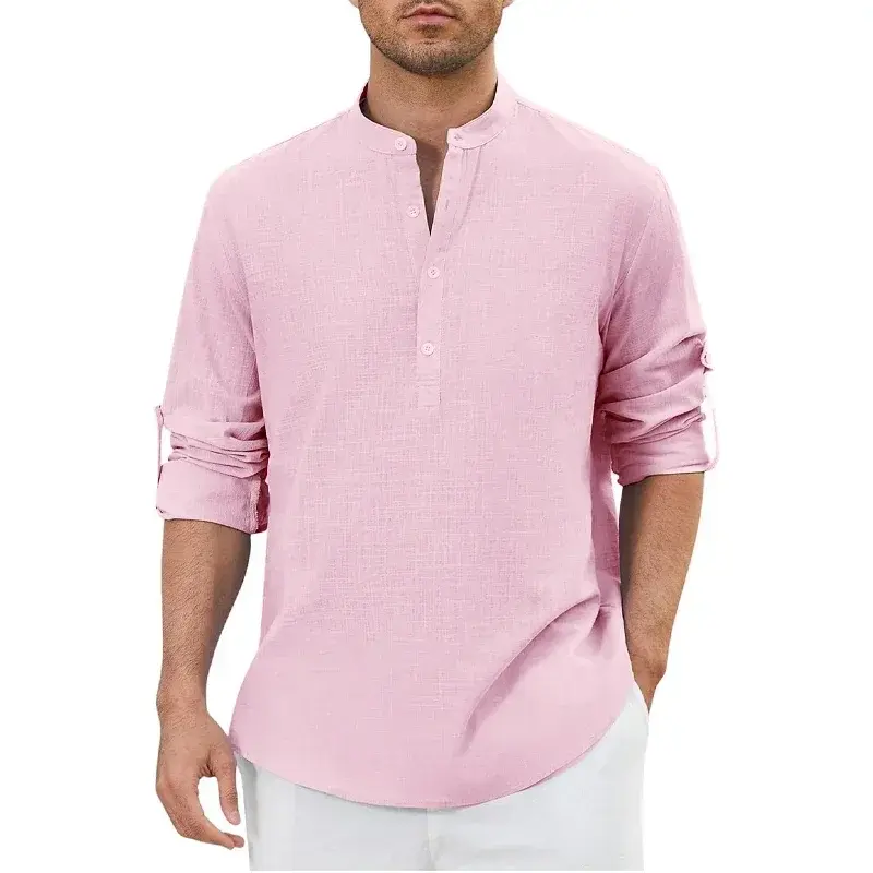 New Mens Cotton Henley Shirts Casual Long Sleeve Summer Beach Shirt Hawaii Button Down T-Shirt for Men Breathable Streetwear