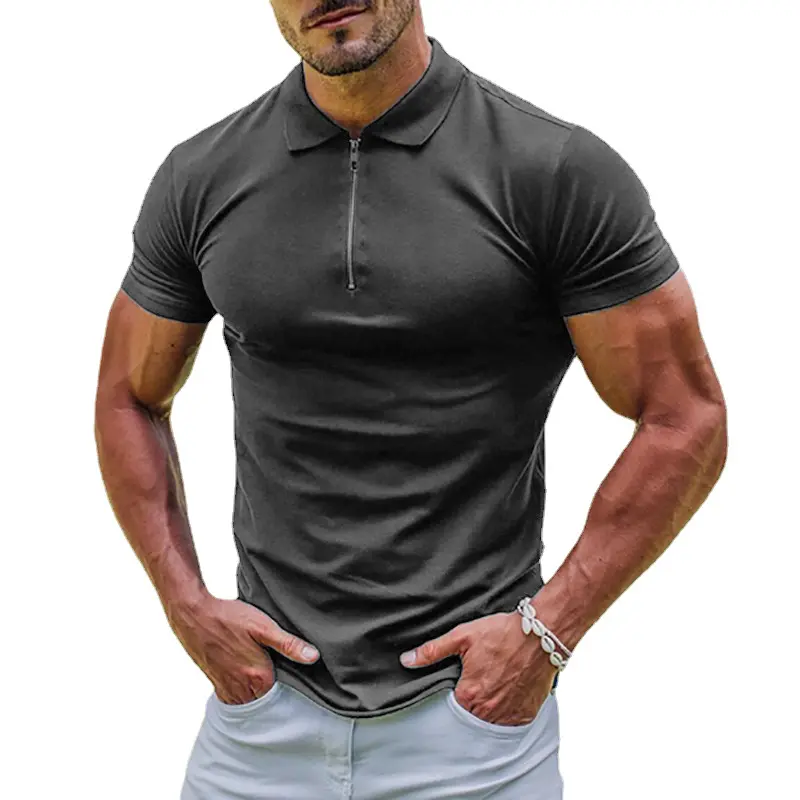 New Elastic Polos Solid Color Shirt Men's Sports Tshirt Zipper Short Sleeve Slim T-shirt Casual Gym Loose Lapel Basic Tops