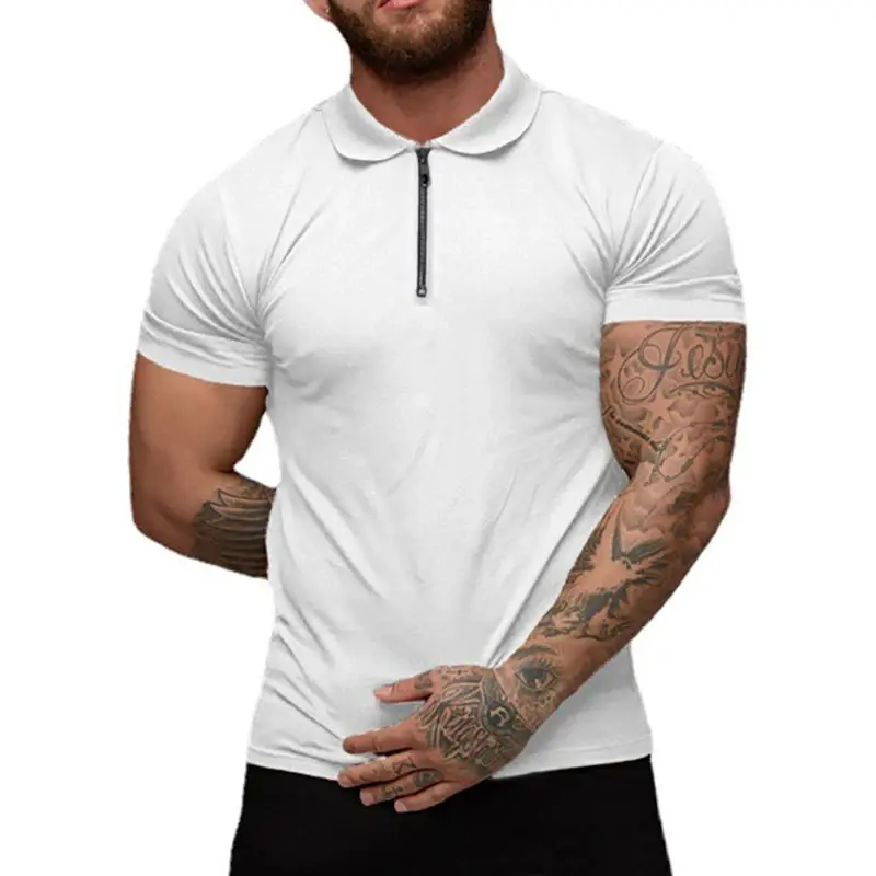 New Elastic Polos Solid Color Shirt Men's Sports Tshirt Zipper Short Sleeve Slim T-shirt Casual Gym Loose Lapel Basic Tops