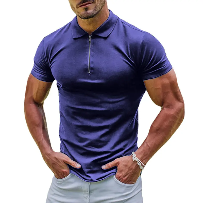 New Elastic Polos Solid Color Shirt Men's Sports Tshirt Zipper Short Sleeve Slim T-shirt Casual Gym Loose Lapel Basic Tops