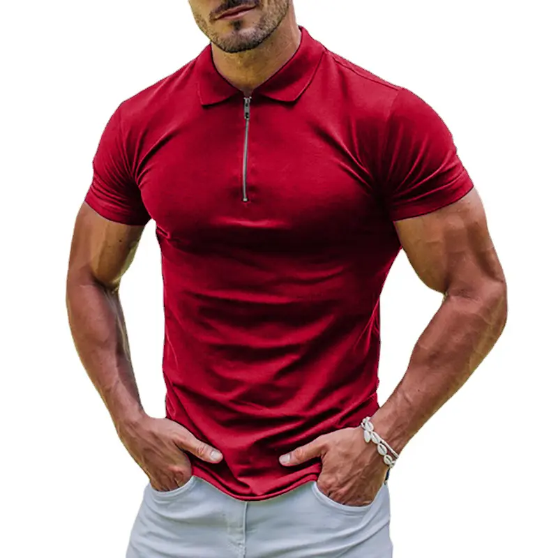 New Elastic Polos Solid Color Shirt Men's Sports Tshirt Zipper Short Sleeve Slim T-shirt Casual Gym Loose Lapel Basic Tops
