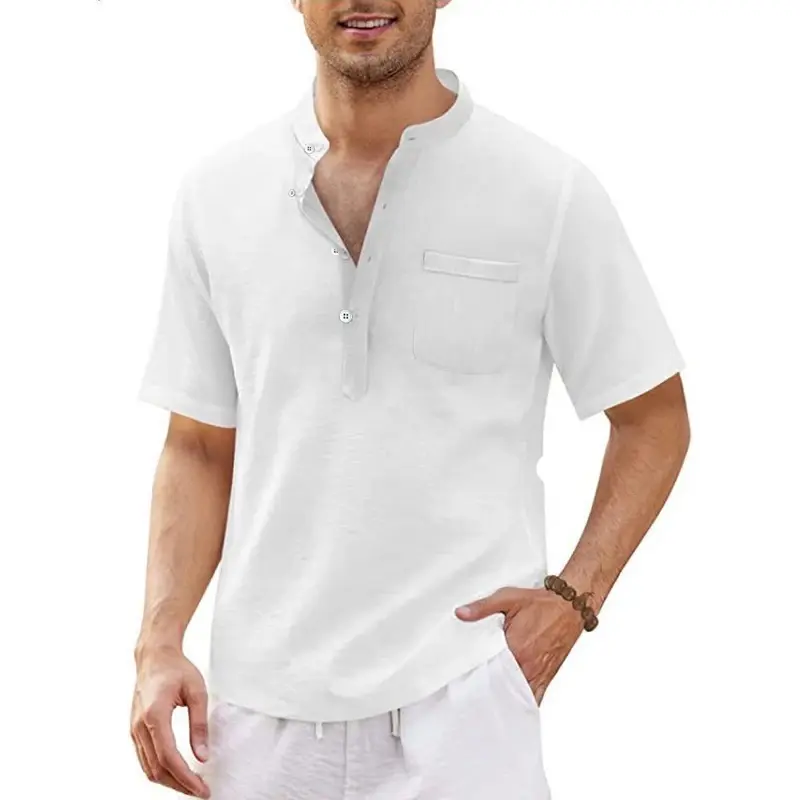 Summer Men's Short Sleeve T Shirts Linen Large Shirts for Men Breathable Stand Up Collar T Shirts Lightweight Fitness Tops