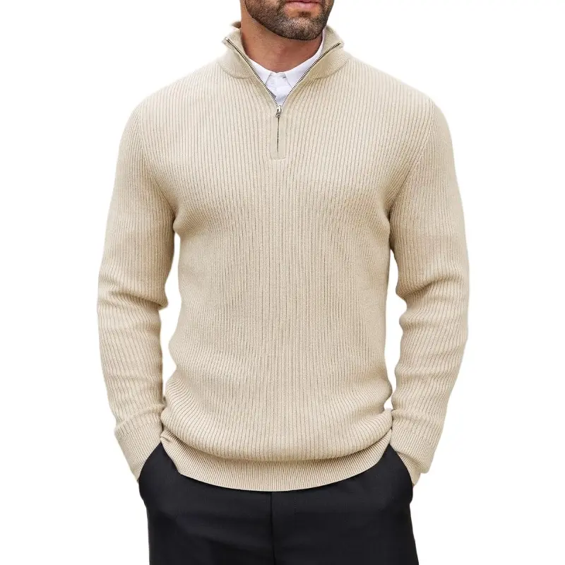 Mens Quarter Zip Pullover Sweater Mock Neck Casual Ribbed Knit Pullover Fall Lightweight Polo Sweaters Winter Warm Outwear