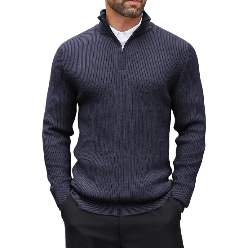 Mens Quarter Zip Pullover Sweater Mock Neck Casual Ribbed Knit Pullover Fall Lightweight Polo Sweaters Winter Warm Outwear
