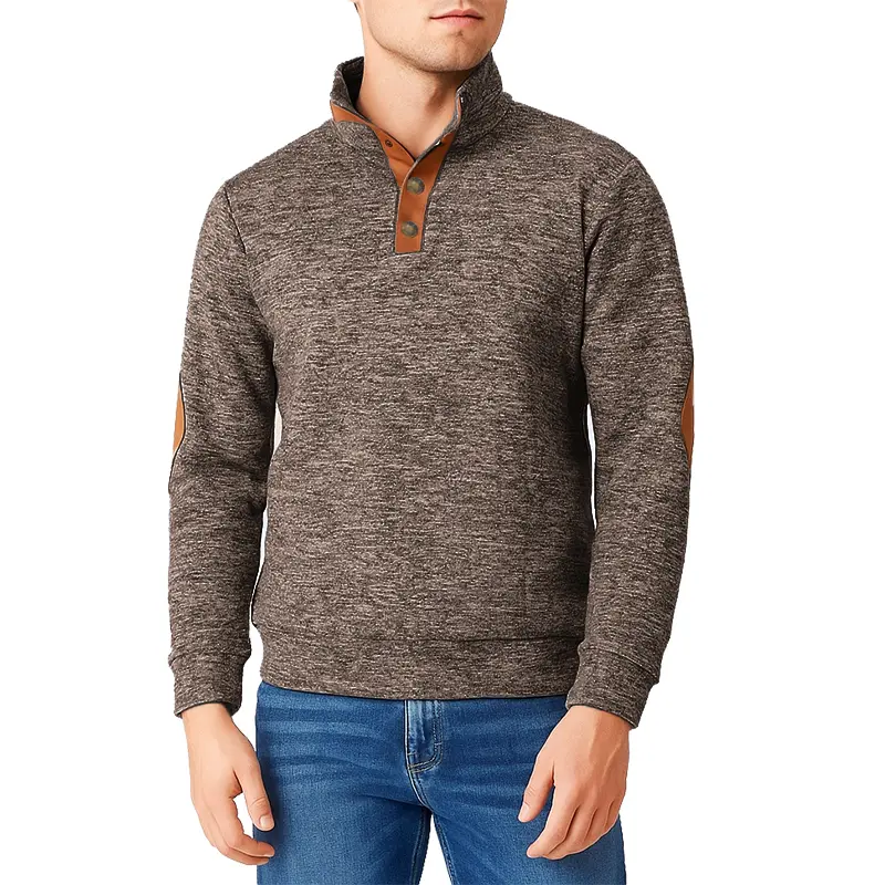 New Pullover for Men 1/4 Button Stand Collar Athletic Sweatshirt Casual Vintage Fashion Sweatshirts with Elbow Patches Outerwear