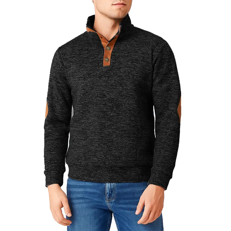 New Pullover for Men 1/4 Button Stand Collar Athletic Sweatshirt Casual Vintage Fashion Sweatshirts with Elbow Patches Outerwear