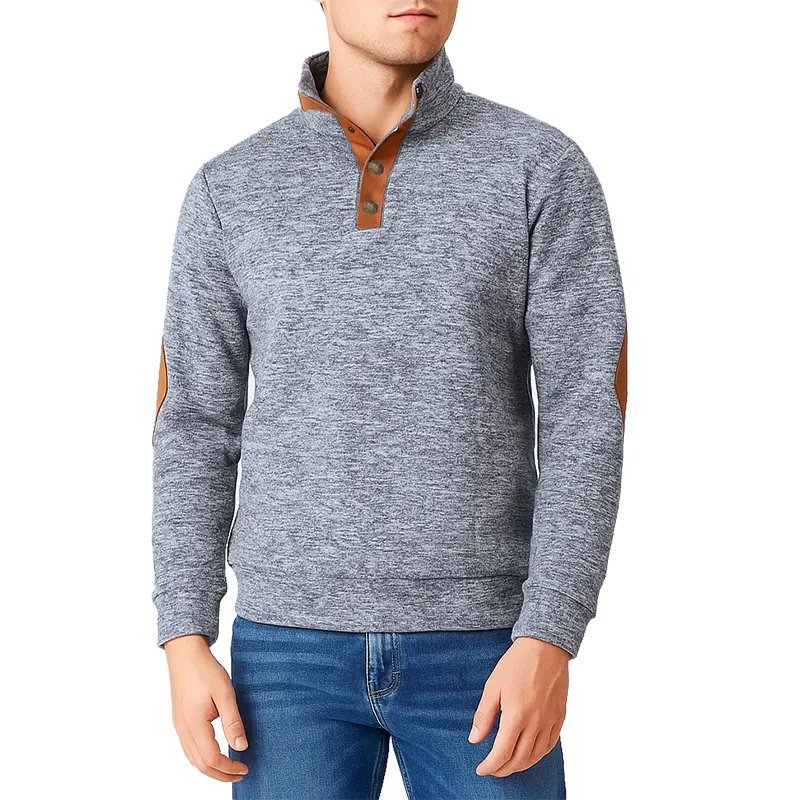 New Pullover for Men 1/4 Button Stand Collar Athletic Sweatshirt Casual Vintage Fashion Sweatshirts with Elbow Patches Outerwear