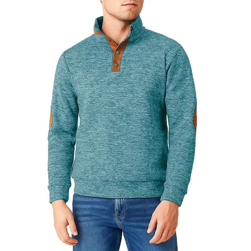 New Pullover for Men 1/4 Button Stand Collar Athletic Sweatshirt Casual Vintage Fashion Sweatshirts with Elbow Patches Outerwear