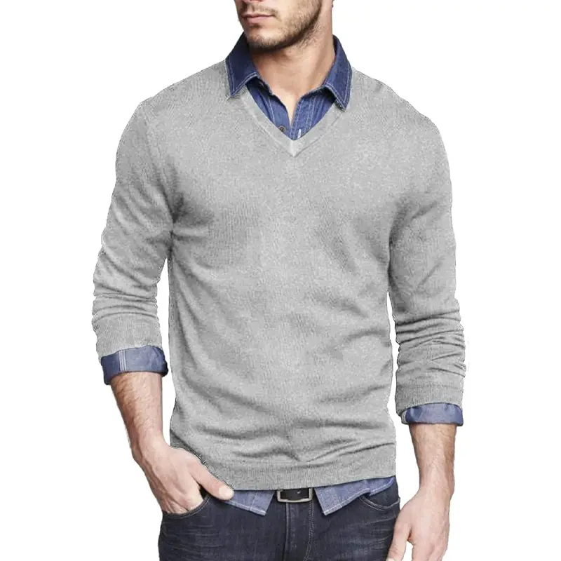 Men's Long Sleeve V Neck Pullover Sweater Slim Fit Knit Sweaters Lightweight Dress Casual Sweater Business Solid Color Outwear