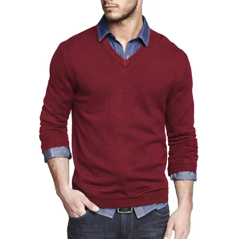 Men's Long Sleeve V Neck Pullover Sweater Slim Fit Knit Sweaters Lightweight Dress Casual Sweater Business Solid Color Outwear