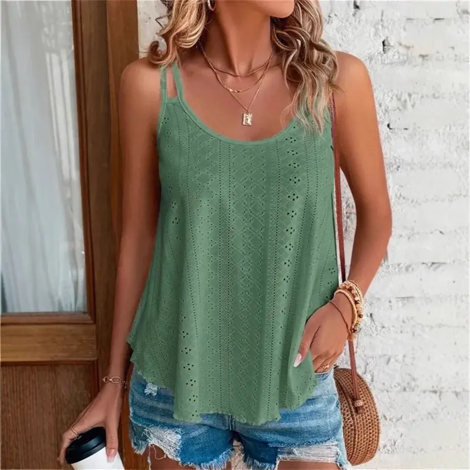 Women's Hollow out Crop Top Strap Vest New Style Cross-Border Fashionable Polyester Blend Fabric Digong Decoration