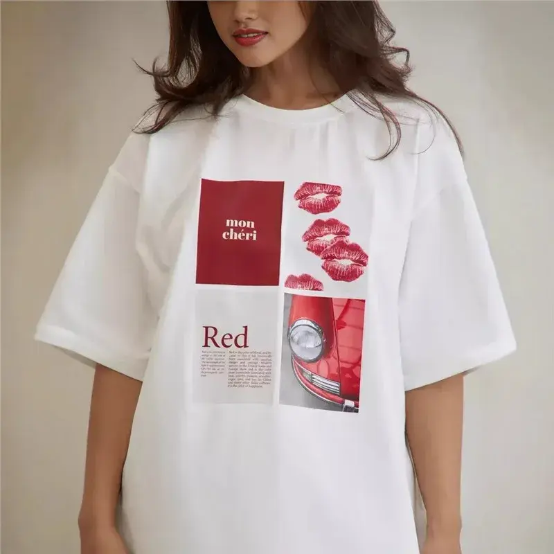 Versatile Pure Cotton Women's T-Shirt New Style Half Sleeve Lazy Summer Printing Loose Fit Medium Length Top