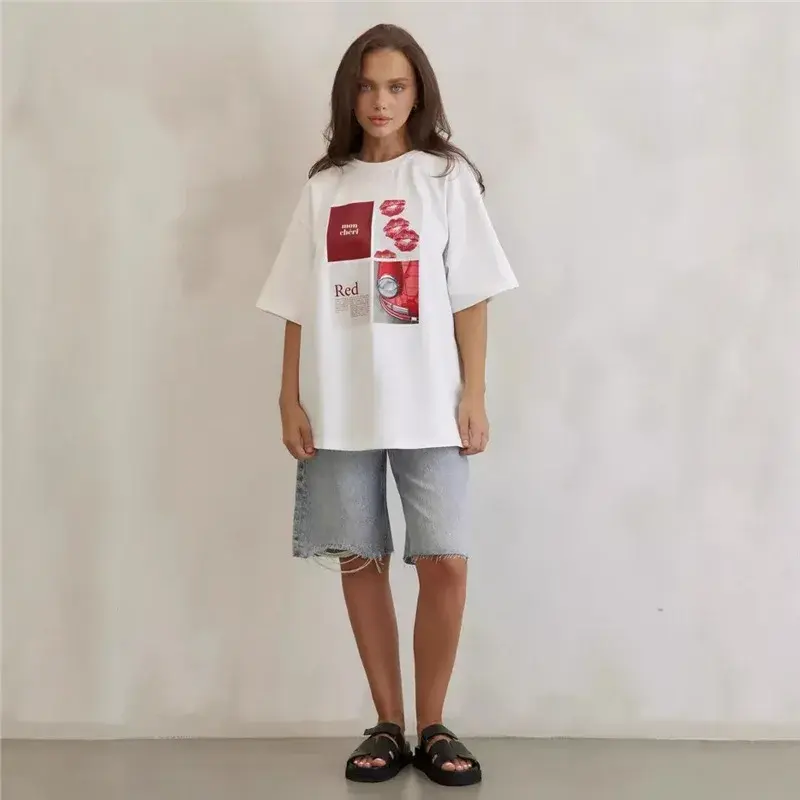 Versatile Pure Cotton Women's T-Shirt New Style Half Sleeve Lazy Summer Printing Loose Fit Medium Length Top