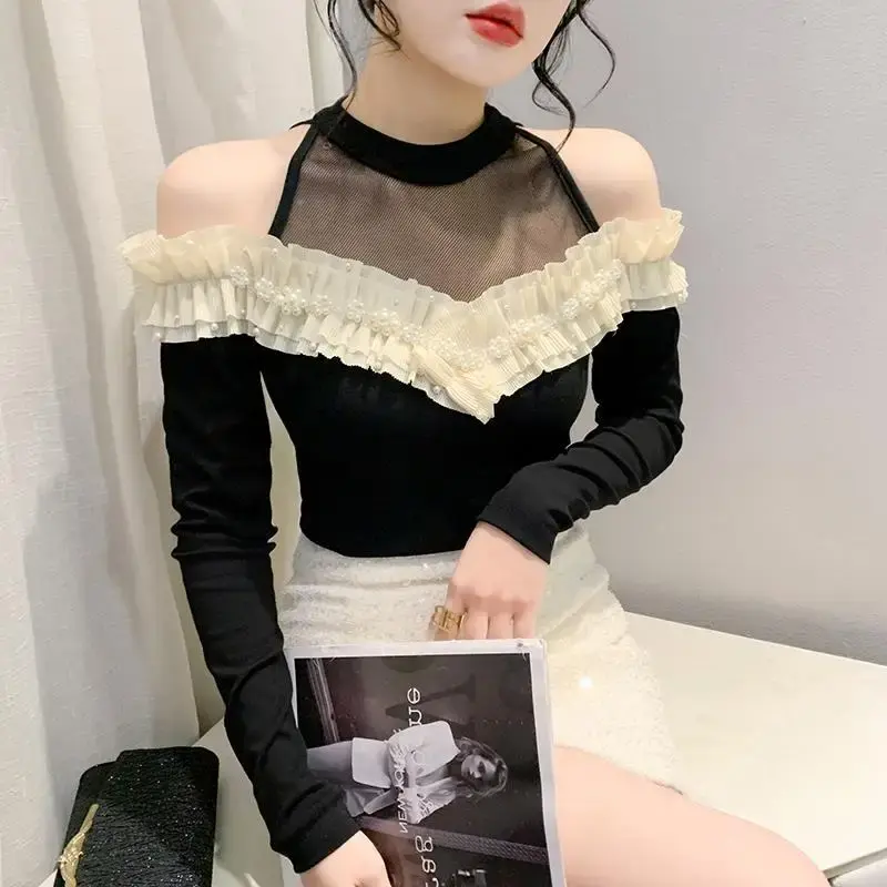 Original Design Women's T-Shirt Spring New Style Embroidered Edge Fashionable Sleeveless Off-The-Shoulder Long Sleeve