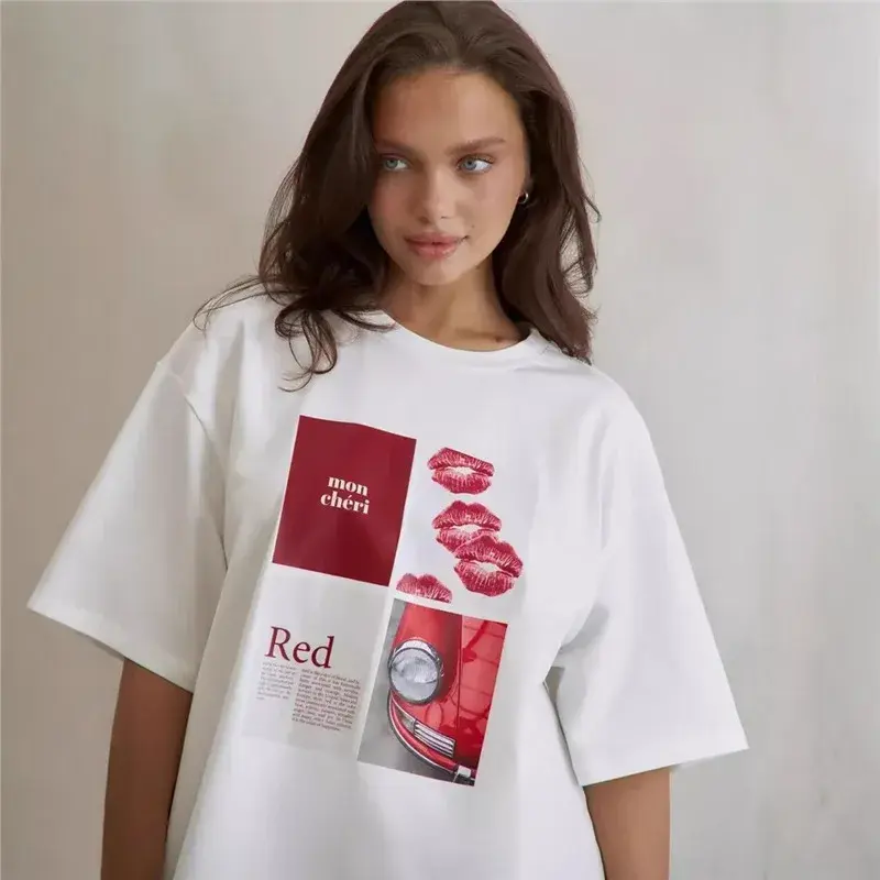 Versatile Pure Cotton Women's T-Shirt New Style Half Sleeve Lazy Summer Printing Loose Fit Medium Length Top