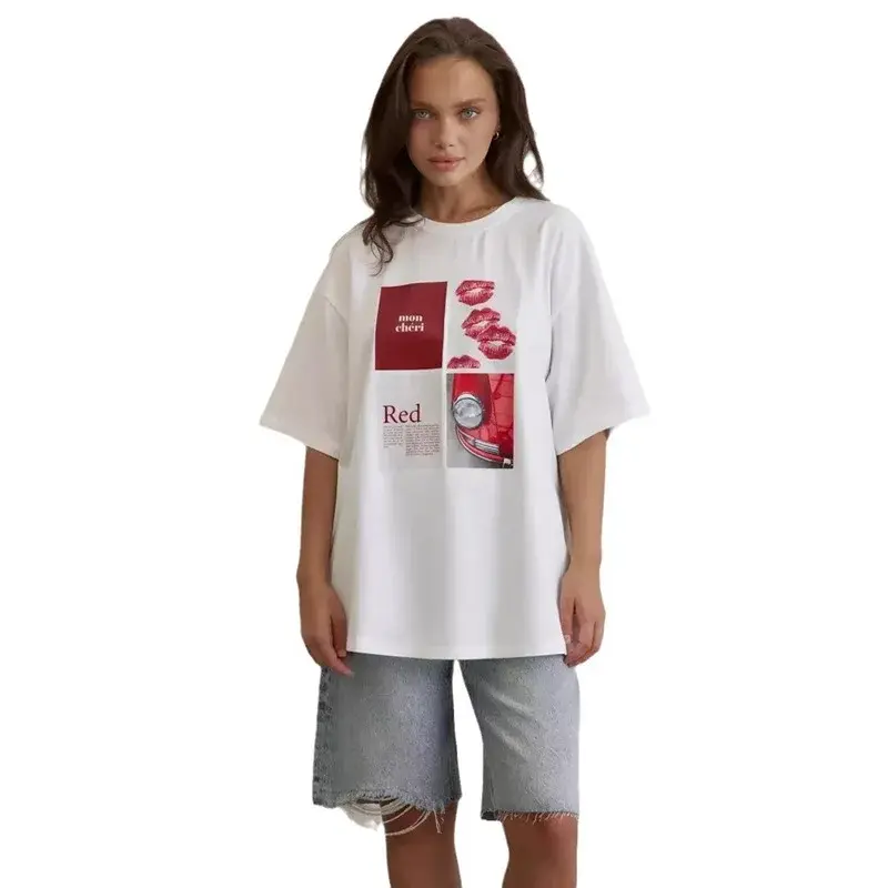 Versatile Pure Cotton Women's T-Shirt New Style Half Sleeve Lazy Summer Printing Loose Fit Medium Length Top