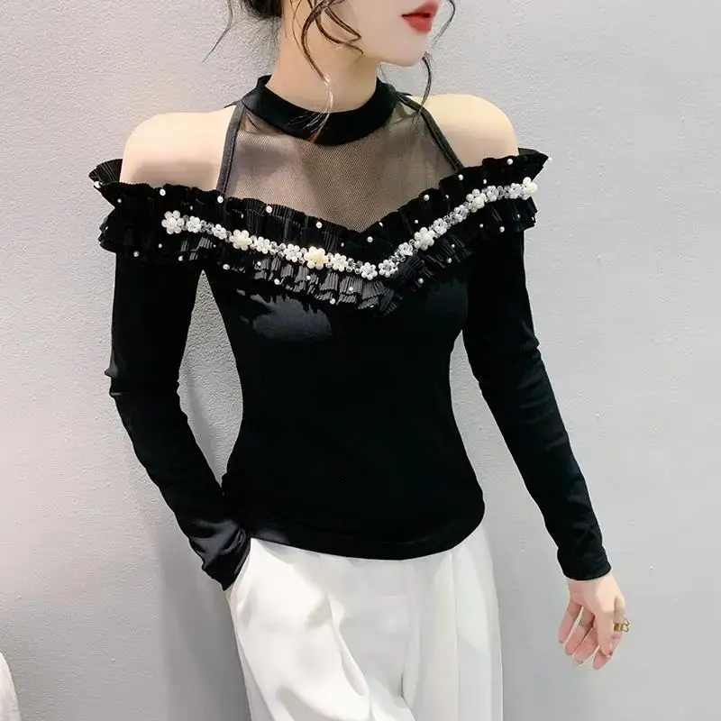 Original Design Women's T-Shirt Spring New Style Embroidered Edge Fashionable Sleeveless Off-The-Shoulder Long Sleeve