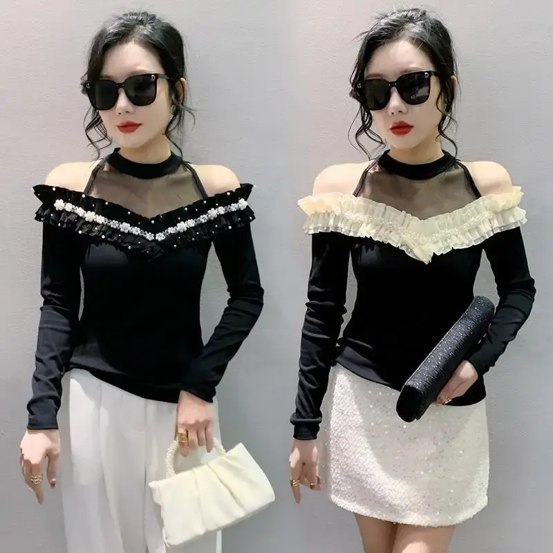 Original Design Women's T-Shirt Spring New Style Embroidered Edge Fashionable Sleeveless Off-The-Shoulder Long Sleeve