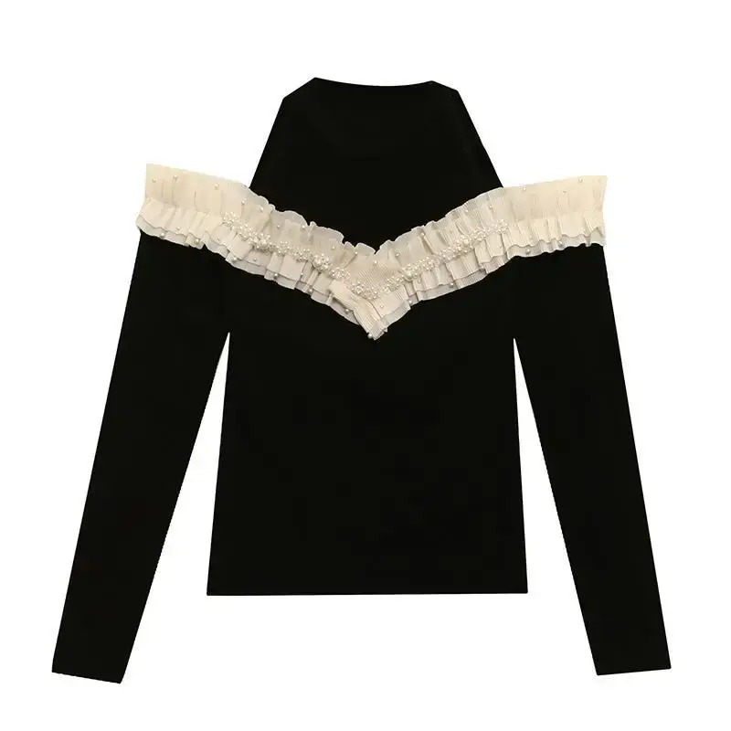 Original Design Women's T-Shirt Spring New Style Embroidered Edge Fashionable Sleeveless Off-The-Shoulder Long Sleeve