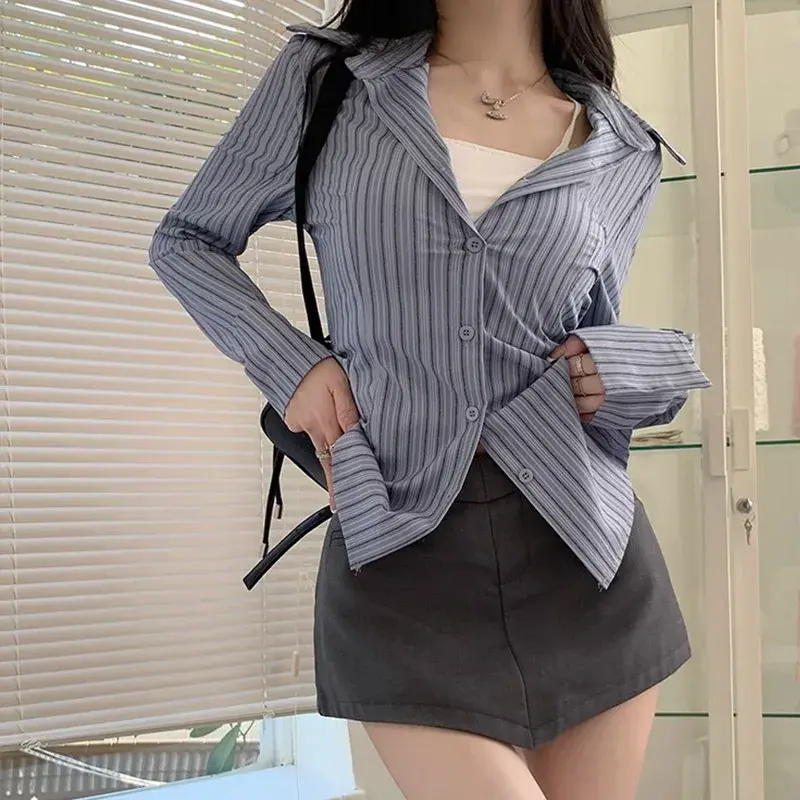 2024 New Spring Autumn Long Sleeve Blue Striped Shirt Slimming Top Waist-Fitted For Women Fashionable and Slimming Design