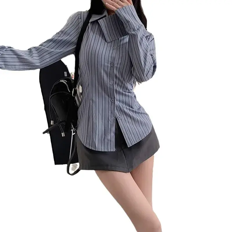 2024 New Spring Autumn Long Sleeve Blue Striped Shirt Slimming Top Waist-Fitted For Women Fashionable and Slimming Design