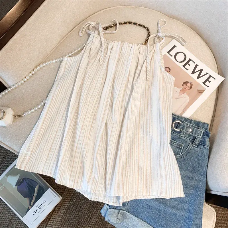 French Stripe Pattern Women's Tank Top Summer New Loose Sleeveless Short Style Outdoor Wear Casual Fashion Basic Color