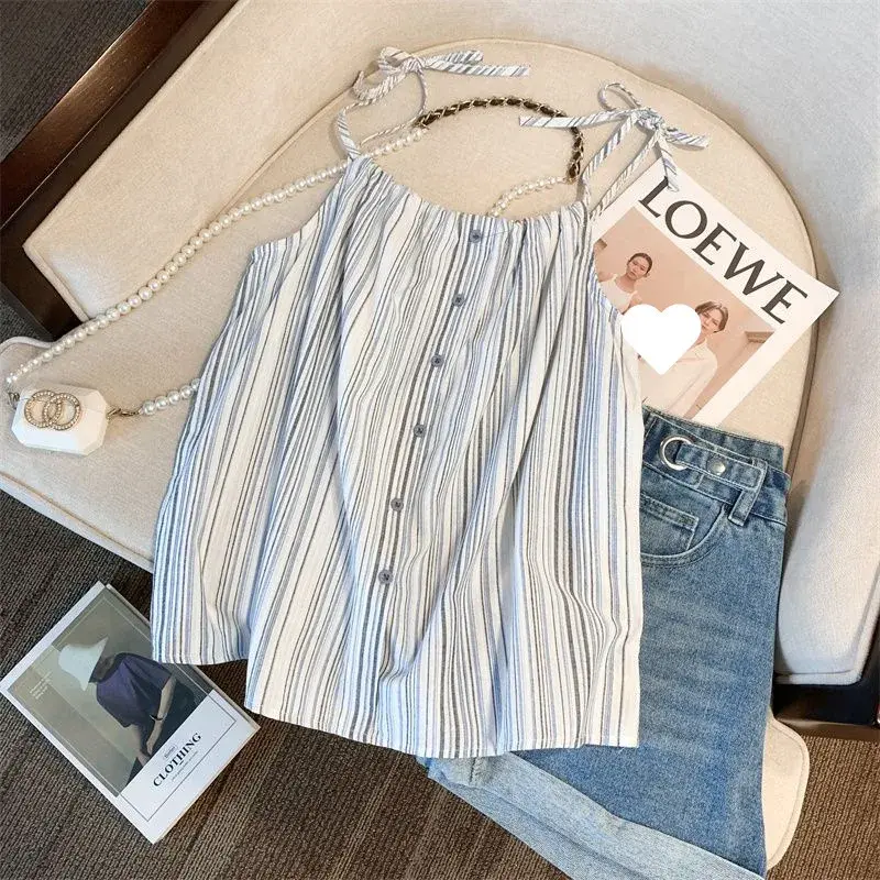 French Stripe Pattern Women's Tank Top Summer New Loose Sleeveless Short Style Outdoor Wear Casual Fashion Basic Color