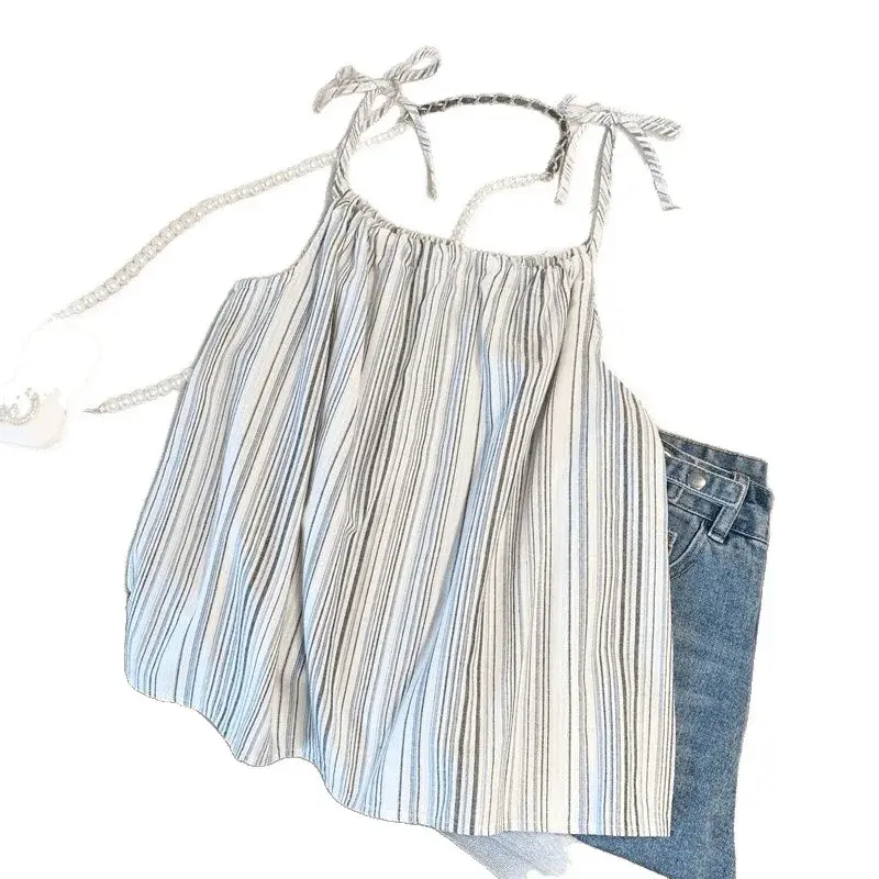 French Stripe Pattern Women's Tank Top Summer New Loose Sleeveless Short Style Outdoor Wear Casual Fashion Basic Color