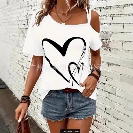 Casual Asymmetric Collar Heart Print Elastic Short Sleeve Women's T-shirt Strapless Crossbody Top in plus Size with Print Decora