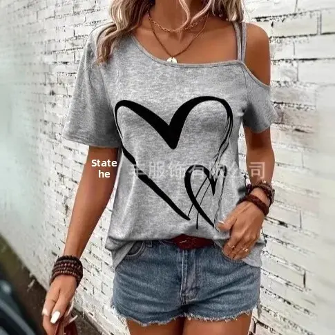 Casual Asymmetric Collar Heart Print Elastic Short Sleeve Women's T-shirt Strapless Crossbody Top in plus Size with Print Decora