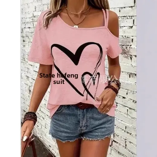 Casual Asymmetric Collar Heart Print Elastic Short Sleeve Women's T-shirt Strapless Crossbody Top in plus Size with Print Decora