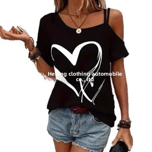Casual Asymmetric Collar Heart Print Elastic Short Sleeve Women's T-shirt Strapless Crossbody Top in plus Size with Print Decora