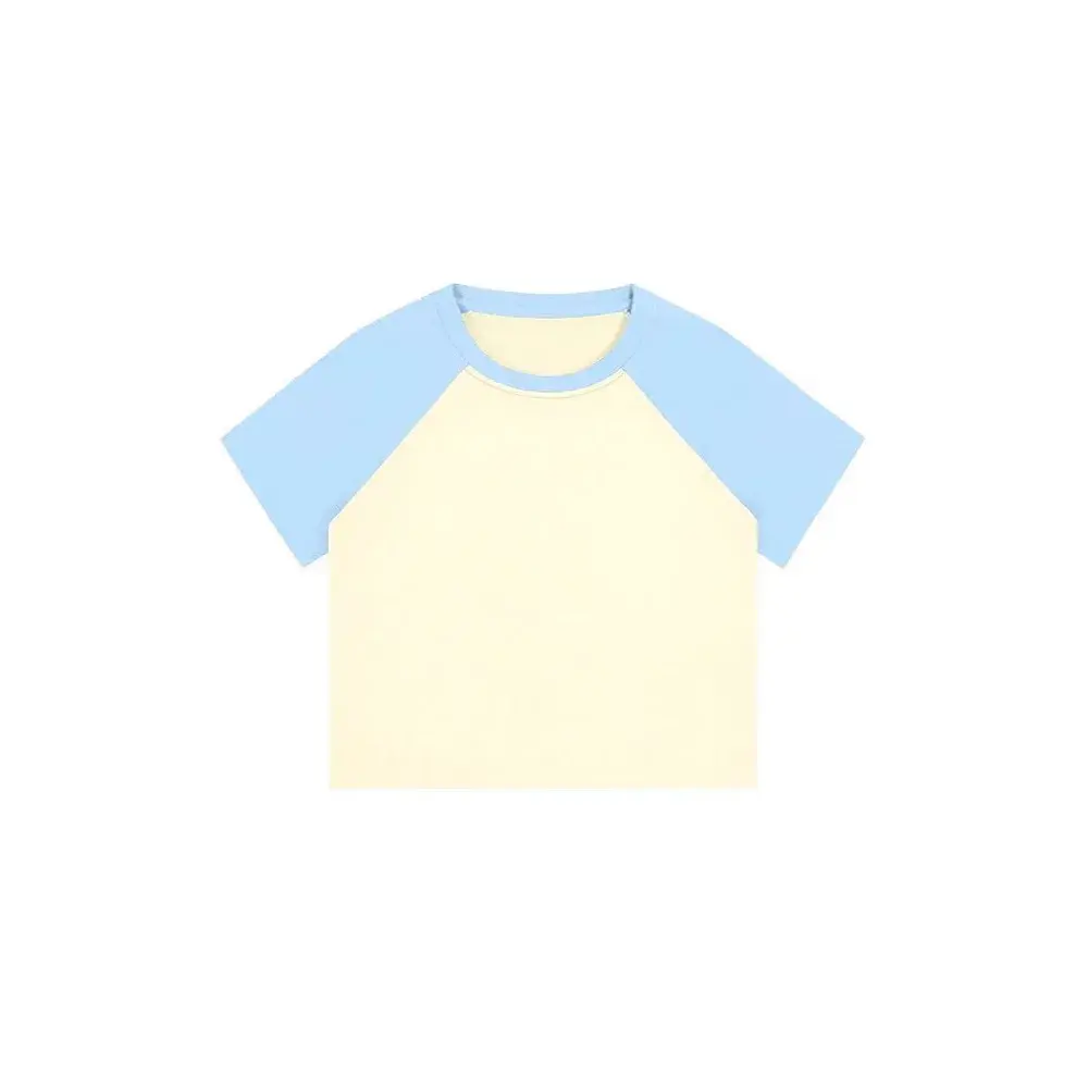 Women's Slim Fit Short Sleeve T-Shirt Pure Cotton Shoulder Insert Design Color Block Crew Neck Top Comfortable Breathable