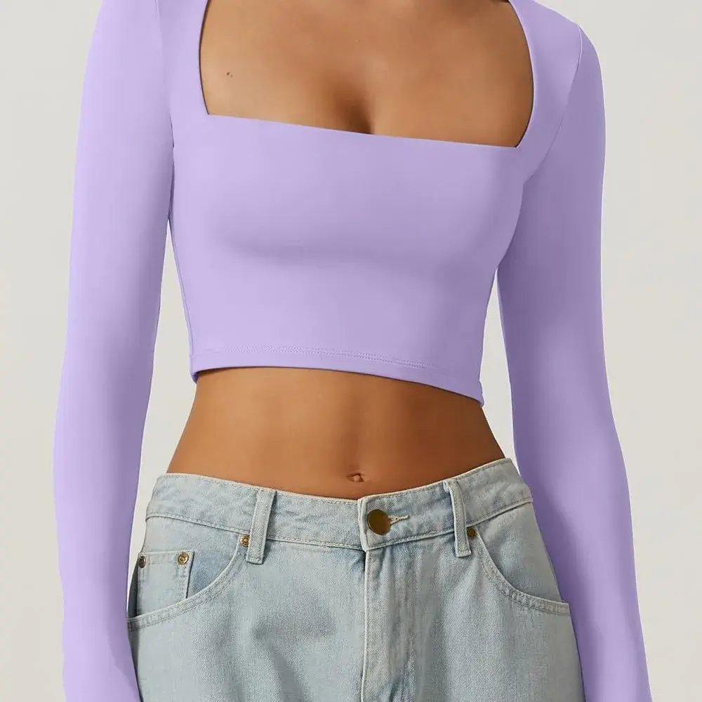 Slim Fit Short Sleeveless Women's Base Shirt Pure Color Square Collar Gentle Long Sleeve Short Style Autumn Top for Women