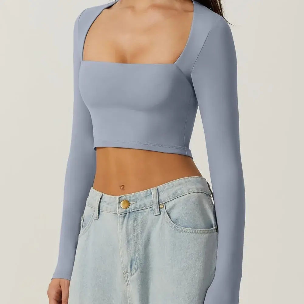 Slim Fit Short Sleeveless Women's Base Shirt Pure Color Square Collar Gentle Long Sleeve Short Style Autumn Top for Women