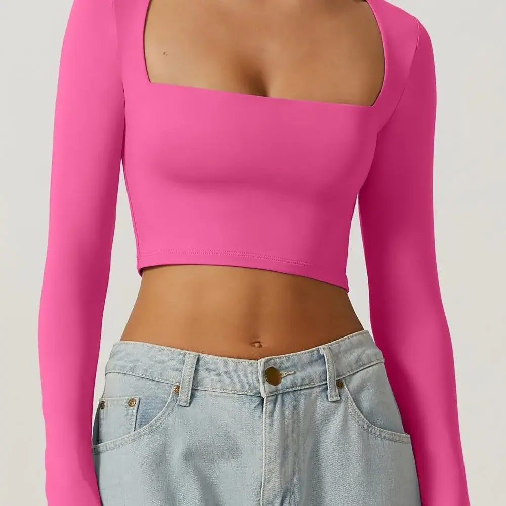 Slim Fit Short Sleeveless Women's Base Shirt Pure Color Square Collar Gentle Long Sleeve Short Style Autumn Top for Women
